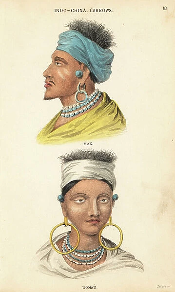 Man and woman of the Garrow people in bandana, hoop earrings and necklaces. Indo-Chinese tribe from east of the Brahmaputra River, Indo-China. Handcoloured steel engraving by Lizars after an illustration by Charles Hamilton Smith from his Natural