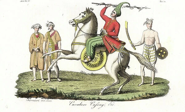 Man and woman of the Kayan mountain tribe, Cassay elite cavalryman of the Burmese imperial guard, and Burman peasant with sword and shield. Adapted from Michael Symes Account of an Embassy to the Kingdom of Ava
