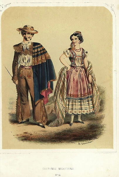 Man and woman in Mexican national costumes, 1880s (lithograph)