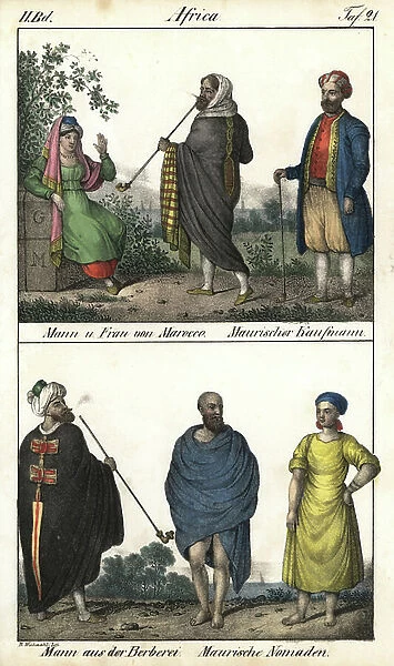 Man and woman of Morocco, a Moorish merchant, above, and a Couple of Moroccans, a merchant Moorish and below, a Berber man in a coat and a couple of Moorish nomads