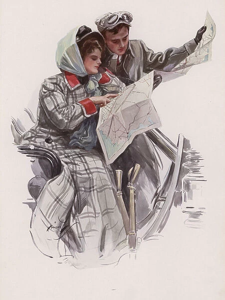 Man and woman reading a map in a car (colour litho)