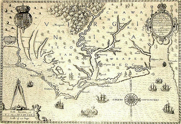 Map of 1590 engraved by Theodore de Bry after watercolour by the English colonist John White, governor of Roanoke. Virginia and coast with small islands and Roanoke at mouth of river. Secotan and Weapemeoc native lands