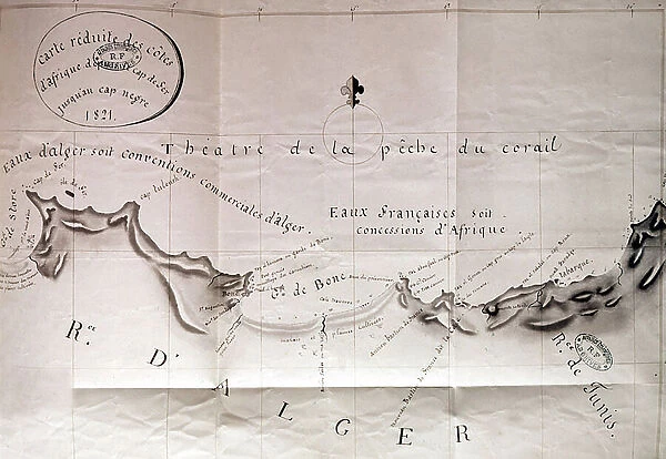 Map of african coasts from Ras El Hadid (Algeria) to Cap Negre (Tunisia), 1821, engraving