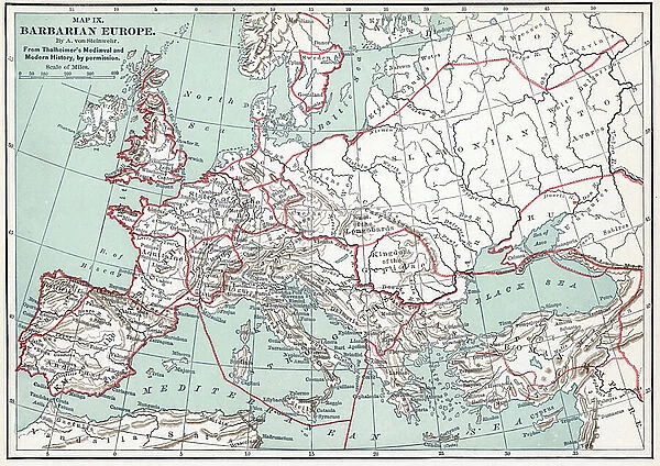 Map of barbarian europe Engraving from 'History of the world' by Ridpath 1885 Private collection