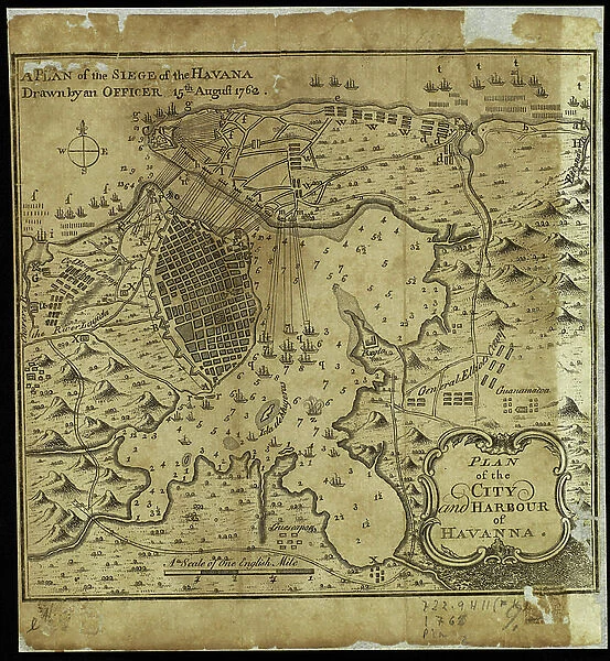 Map of the city of Havana at the time of the siege of the British fleet in the port on 6 / 06 / 1762. Card made on 15 / 08 / 1762. Biblioteca Jose Marti, Havana, Cuba