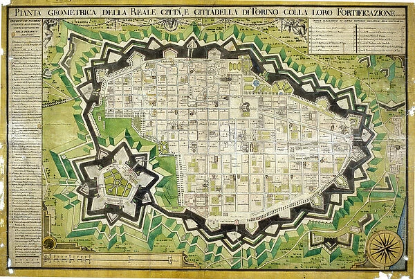 Map of the city of Turin, royal city and citadel represented with fortifications. 1790