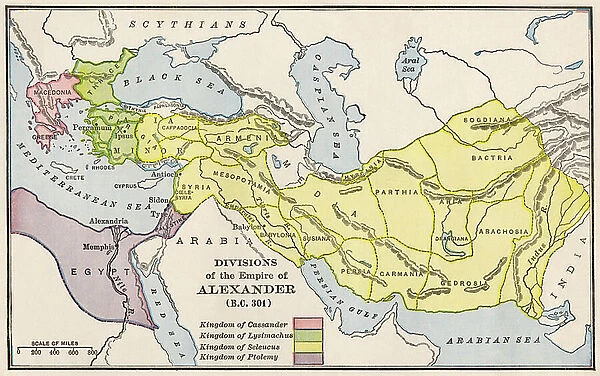 Map depicting the divisions of the empire of Alexander The Great (Alexander III of Macedoine, 356-323 BC) at his death, constitutes of the kingdom of Cassandra of Macedonian (358-397 BC), Kingdom of Lysimachus (361-281 BC) (Thrace)