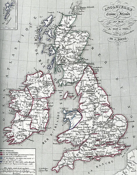 Map of England, Ireland, Scotland and Isle of Man, 1100-1280 (Map of England, Ireland, Scotland and island of Man, 1100 - 1280) Engraving from ' Atlas Universel' by Houze, 1851 Private collection