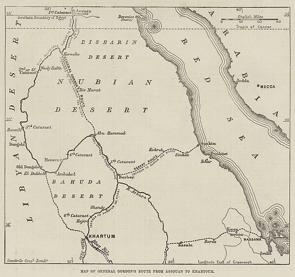 Map of General Gordons Route from Assouan to Khartoum (engraving)