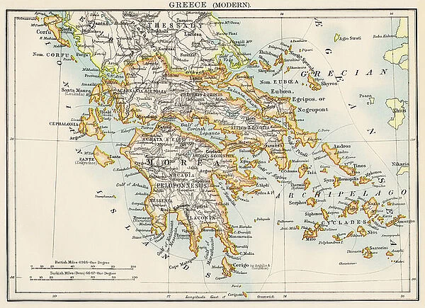 Map of Greece (Thessaly, Peloponnese and Cycladic Islands), circa 1870. 19th century lithography