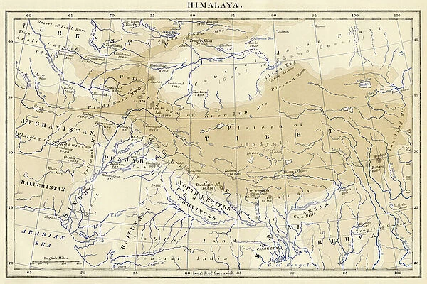 Map of the Himalayan region (Bhutan, China, India, Nepal, Turkestan, Afghanistan, Pakistan, Burma or Myanmar), ca. 1870. 19th century lithography