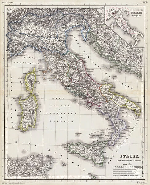 Map of Italy in the time before the Romans (coloured engraving)