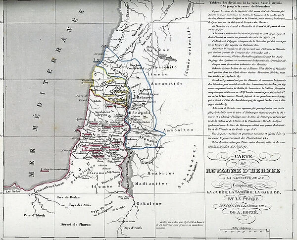 Map of the kingdom of Herode I the Great at the birth of Jesus Christ including the kingdom of Judee, Samaria, Galilee and Peree - the kingdom will be at his death divided between his three sons Herode Archelaos
