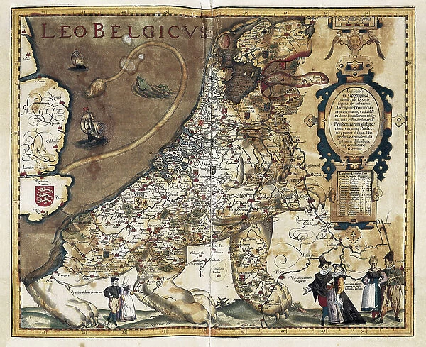 Map known as ' Leo belgicus ' (Lion belgique) of the 17 United Provinces of the Netherlands, 1583-85 (map)