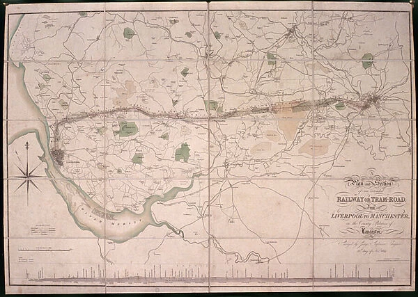 Map of the Liverpool and Manchester Railway showing the line as surveyed by George Stephenson (colour litho)