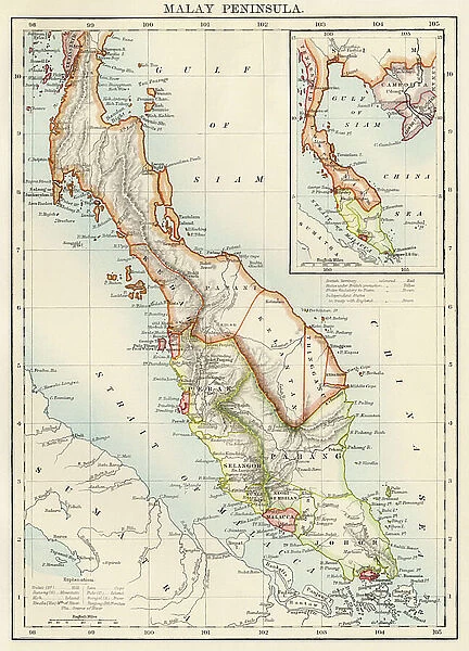 Map of Malacca peninsula (Burma, Thailand and Malaysia), circa 1870. 19th century lithography