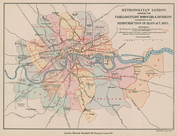 Map of Metropolitan London showing the Parliamentary Boroughs and Divisions, 1885 (coloured engraving)