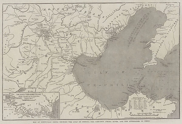 Map of North-East China, showing the Gulf of Pechili, the Tien-Tsin (Peiho) River, and the Approaches to Pekin (engraving)