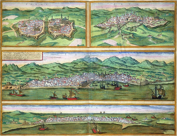 Map of Parma, Siena, Palermo, and Drepanum, from Civitates Orbis Terrarum