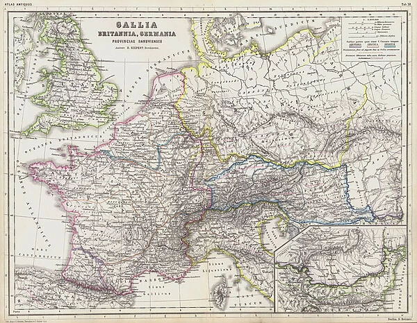 Map of the Roman provinces of Gaul, Britannia and Germania (coloured engraving)