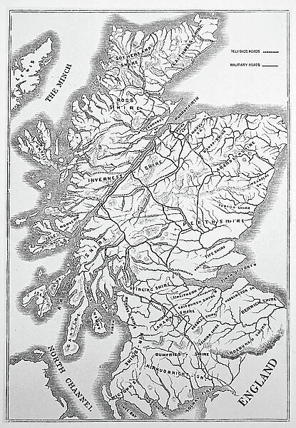 Map of Scotland showing Telford's and military roads, 1850