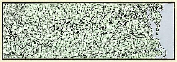 Map showing center of US population moving westward along the National Road, 1790-1900