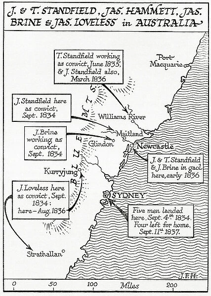Map showing the placings in Australia of The Tolpuddle Martyrs, a group of 19th-century Dorset agricultural labourers who were arrested for and convicted of swearing a secret oath as members of the Friendly Society of Agricultural Labourers
