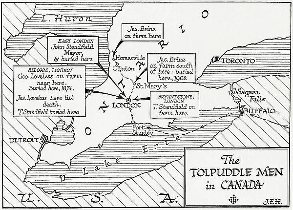 Map showing the placings in Canada of The Tolpuddle Martyrs, a group of 19th-century Dorset agricultural labourers who were arrested for and convicted of swearing a secret oath as members of the Friendly Society of Agricultural Labourers
