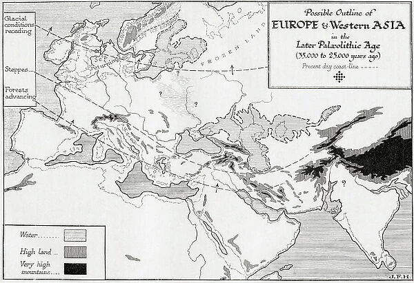 Map showing the possible outline of Europe and Western Asia in the Later Palaeolithic Age (print)