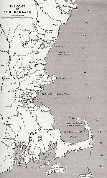 Map showing the settlements in the New England Colonies, North America in the 17th century. From The History of Our Country, published 1899