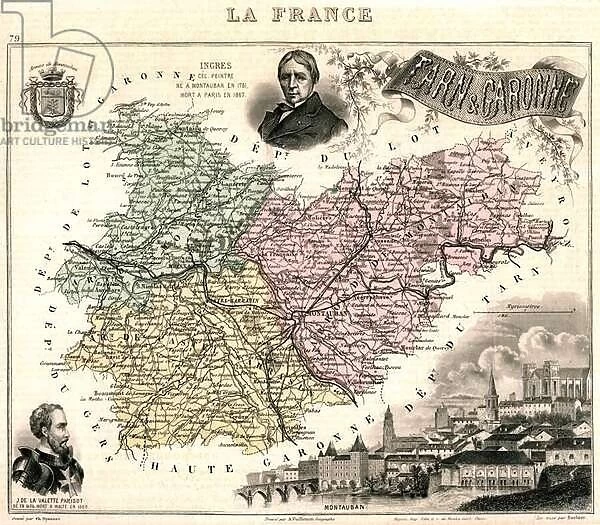 Map of Tarn-et-Garonne with a view of Montauban and portraits of Ingres and Jean Parisot de La Valette (colour litho)
