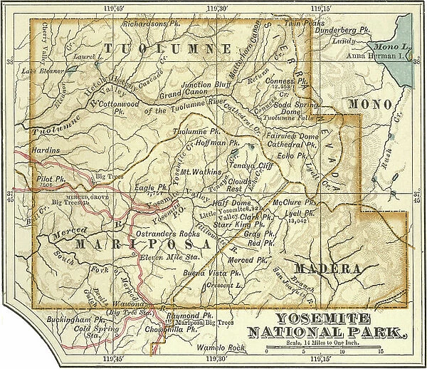Map of Yosemite National Park, c.1900 (engraving)
