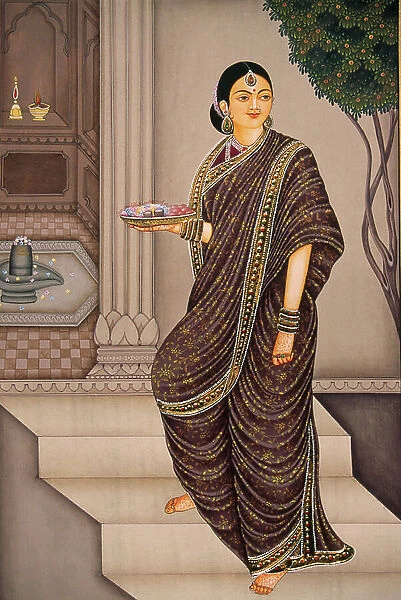 Marathi Lady Going To Temple Miniature Painting on Paper