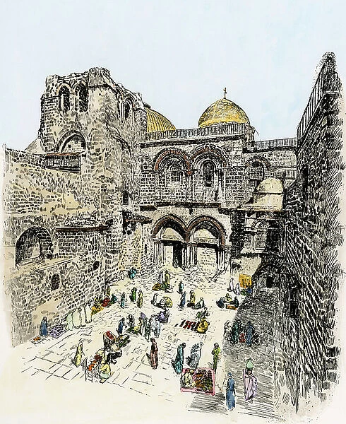 Marche Square in Jerusalem and Church of the Holy Sepulchre, 19th century. Colour engraving of the 19th century