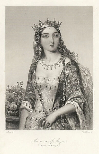 Marguerite d'Anjou - Margaret of Anjou, queen of King Henry VI of England. Steel engraving by W.J. Edwards after a portrait by A. Bouvier from Mary Howitt's Biographical Sketches of The Queens of England, Virtue, London, 1868