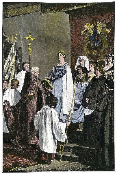 Marie de Burgundy (1457-1482) grants a charter to The Netherlands - Mary of Burgundy grants a charter to The Netherlands. Hand-colored woodcut of a 19th-century illustration