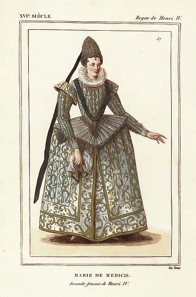 Marie de Medici, second wife of King Henry IV of France. Handcoloured lithograph after a contemporary print of the wedding from Le Bibliophile Jacob aka Paul Lacroix's Costumes Historique de la France (Historical Costumes of France)