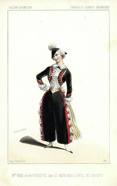 Marie-Pauline Albaret or Miss Irma Aubry as Polkette in Le Mardi Gras at the Hotel des Beans by Laurencin and Clairville, Theatre du Gymnasium, 1846. Handcoloured lithograph after an illustration by Alexandre Lacauchie from Victor Dollet's Galerie