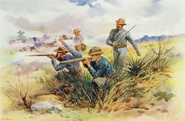 US Marines at Guantanamo Bay, Cuba, 1898 (colour litho)