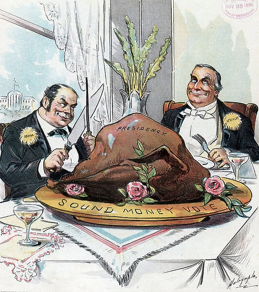 Mark Hanna about to carve a large turkey labelled 'Presidency', 1896