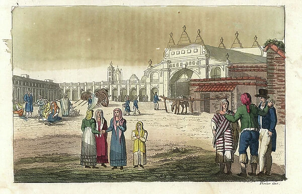Market square in Buenos Aires, Argentina, early 19th century, with the guardhouse on the right and fort on the left. Handcoloured copperplate engraving by Verico from Giulio Ferrrario's Costumes Antique and Modern of All Peoples