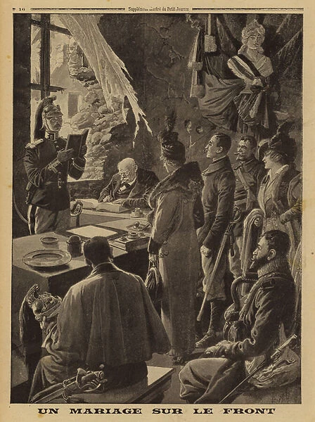 A marriage at the front, Hauteville, Arras, France, World War I, 1915 (litho)