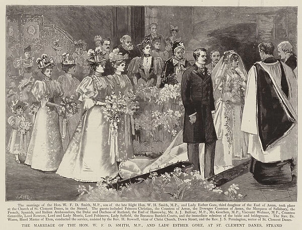 The Marriage of the Honourable W F D Smith, MP and Lady Esther Gore, at St Clement Danes, Strand (engraving)