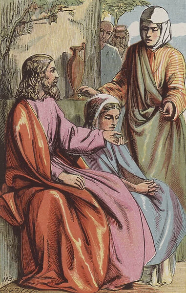 Martha requests our Lord to bid Mary help her (coloured engraving)