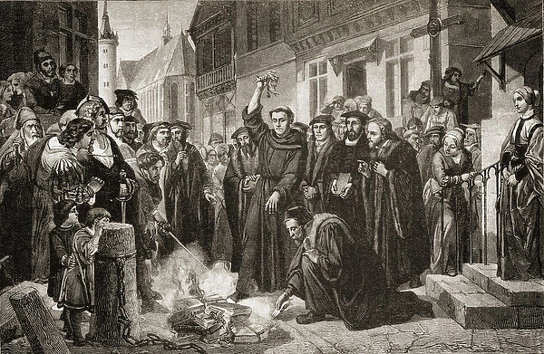 Martin Luther (1483-1556) burning the Papal Bull in 1520 (engraving)