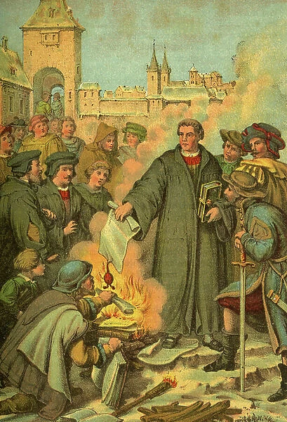 Martin Luther is burning the bull of excommunication infront of the Elstergate in Wittenberg 1520, coloured image (artist unknown) from : ' Doktor Luthers Leben, Thaten und Meinungen... ' (Doctor Luthers life, deeds and opinions)
