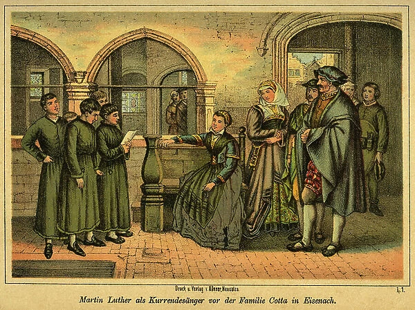Martin Luther as a Kurrendesaenger in front the Cotta family in Eisenach, 1887 (engraving)