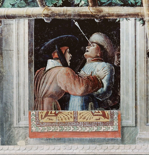 The Martyrdom of St. Christopher, detail of a man shot through the eye with an arrow, c
