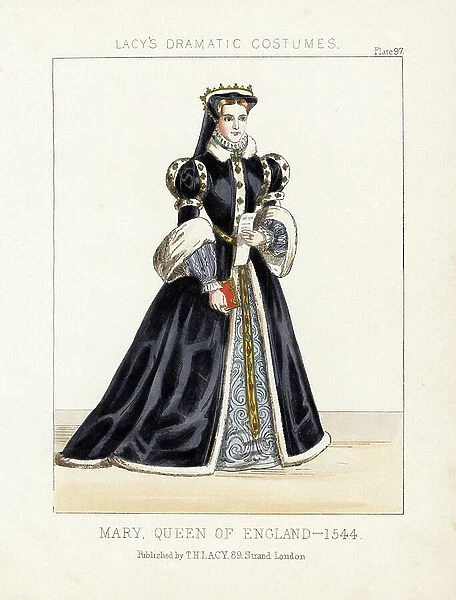 Mary, Queen of England, 1544. In black velvet bejewelled robe lined with fur over a grey dress, girdle with gemstones. Handcoloured lithograph from Thomas Hailes Lacy's ' Female Costumes Historical, National and Dramatic in 200 Plates, ' London