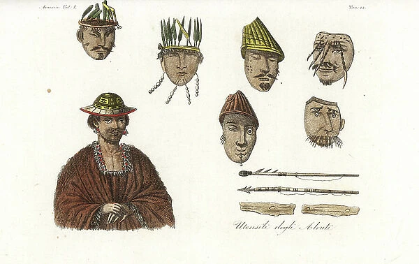 Masks, hats and tools of the Aleut people. Hats, masks, feathers, headdresses, face piercings, and spear and arrow. Handcoloured copperplate engraving from Giulio Ferrario's Ancient and Modern Costumes of all the Peoples of the World, 1837